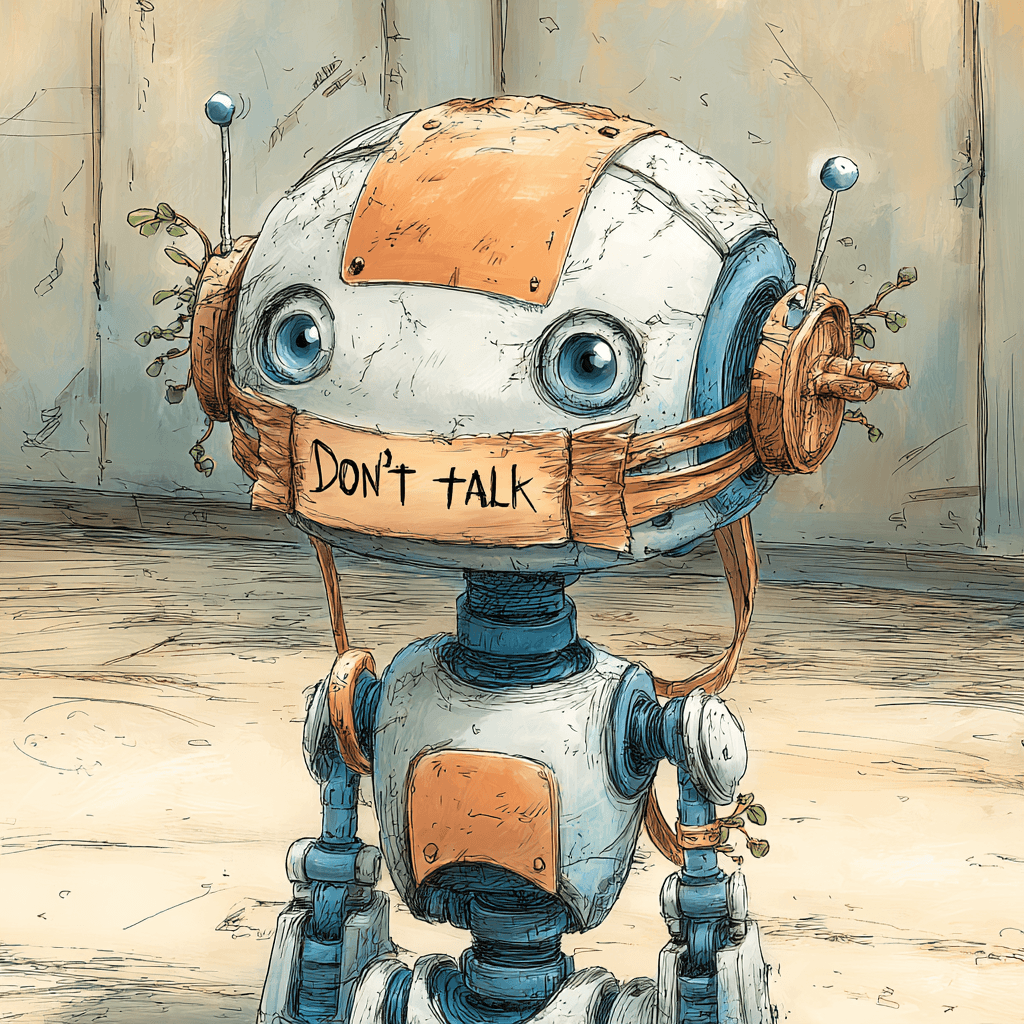 A robot with a gag over its mouth