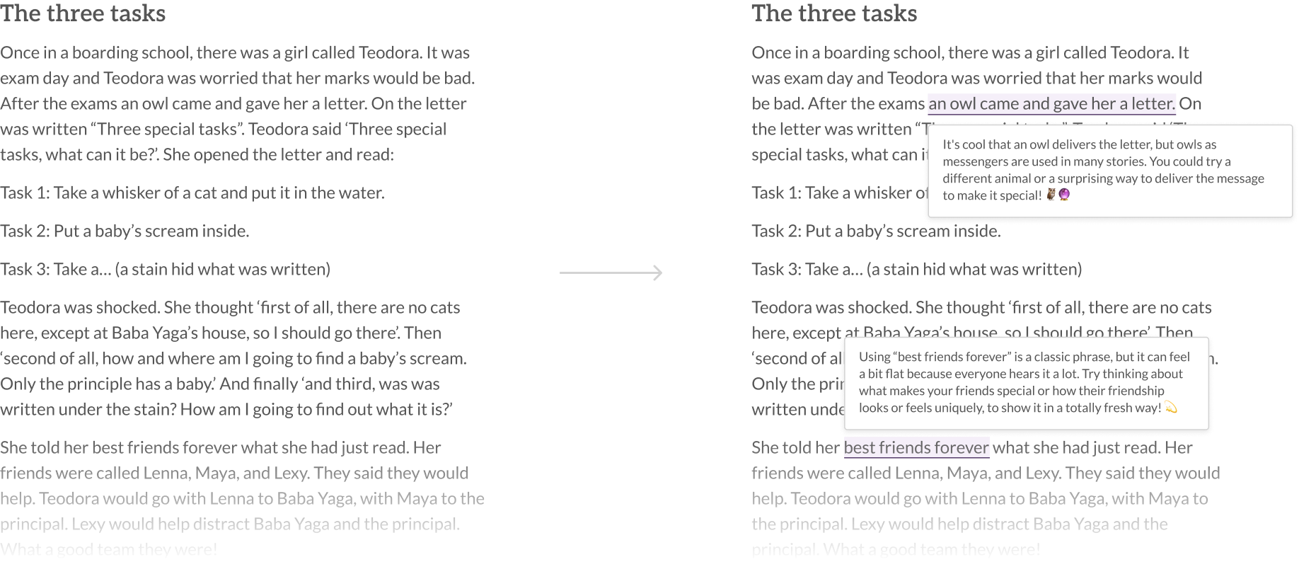 Screenshot of the Motisse interface showing a text being analyzed and suggestions being provided